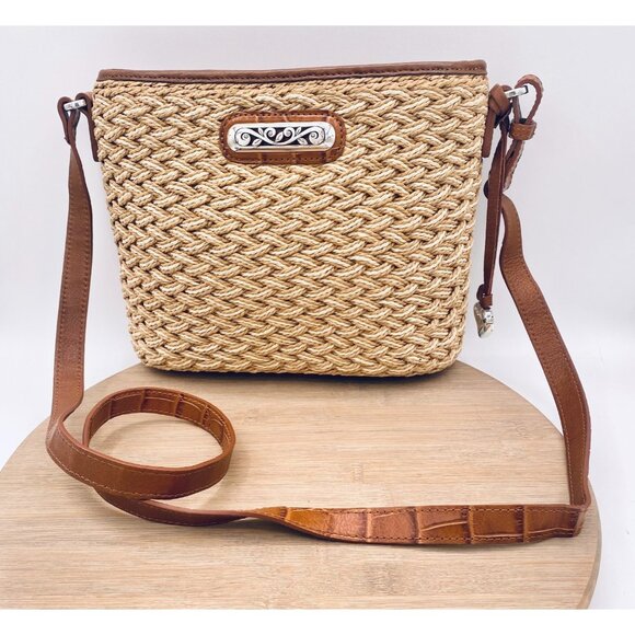 Brighton Handbags - Brighton Crossbody Purse Womens M Tan Straw Leather Woven Messenger Boho